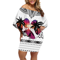 Polynesian Off Shoulder Short Dress Dog Lover With Beagle - Sunset At The Beach White Ver - Wonder Print Shop