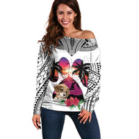 Polynesian Off Shoulder Sweater Dog Lover With Beagle - Sunset At The Beach White Ver - Wonder Print Shop