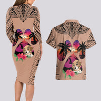 Polynesian Couples Matching Long Sleeve Bodycon Dress and Hawaiian Shirt Dog Lover With Beagle - Sunset At The Beach Brown Ver LT7 - Wonder Print Shop