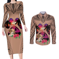 Polynesian Couples Matching Long Sleeve Bodycon Dress and Long Sleeve Button Shirts Dog Lover With Beagle - Sunset At The Beach Brown Ver LT7 - Wonder Print Shop
