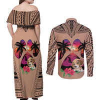 Polynesian Couples Matching Off Shoulder Maxi Dress and Long Sleeve Button Shirts Dog Lover With Beagle - Sunset At The Beach Brown Ver LT7 - Wonder Print Shop