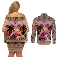 Polynesian Couples Matching Off Shoulder Short Dress and Long Sleeve Button Shirts Dog Lover With Beagle - Sunset At The Beach Brown Ver LT7 - Wonder Print Shop