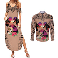 Polynesian Couples Matching Summer Maxi Dress and Long Sleeve Button Shirts Dog Lover With Beagle - Sunset At The Beach Brown Ver LT7 - Wonder Print Shop