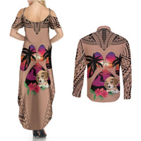 Polynesian Couples Matching Summer Maxi Dress and Long Sleeve Button Shirts Dog Lover With Beagle - Sunset At The Beach Brown Ver LT7 - Wonder Print Shop