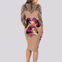 Polynesian Long Sleeve Bodycon Dress Dog Lover With Beagle - Sunset At The Beach Brown Ver - Wonder Print Shop