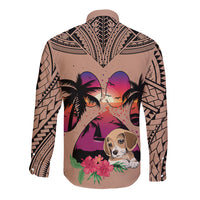 Polynesian Long Sleeve Button Shirt Dog Lover With Beagle - Sunset At The Beach Brown Ver - Wonder Print Shop