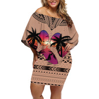 Polynesian Off Shoulder Short Dress Dog Lover With Beagle - Sunset At The Beach Brown Ver - Wonder Print Shop