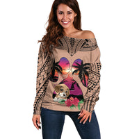 Polynesian Off Shoulder Sweater Dog Lover With Beagle - Sunset At The Beach Brown Ver - Wonder Print Shop