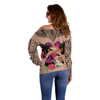 Polynesian Off Shoulder Sweater Dog Lover With Beagle - Sunset At The Beach Brown Ver - Wonder Print Shop