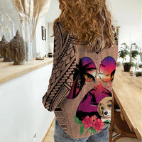 Polynesian Women Casual Shirt Dog Lover With Beagle - Sunset At The Beach Brown Ver - Wonder Print Shop