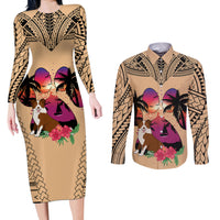 Polynesian Couples Matching Long Sleeve Bodycon Dress and Long Sleeve Button Shirts Dog Lover With Border Collie - Sunset At The Beach LT7 - Wonder Print Shop