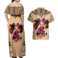 Polynesian Couples Matching Off Shoulder Maxi Dress and Hawaiian Shirt Dog Lover With Border Collie - Sunset At The Beach LT7 - Wonder Print Shop