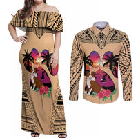 Polynesian Couples Matching Off Shoulder Maxi Dress and Long Sleeve Button Shirts Dog Lover With Border Collie - Sunset At The Beach LT7 - Wonder Print Shop