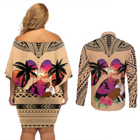 Polynesian Couples Matching Off Shoulder Short Dress and Long Sleeve Button Shirts Dog Lover With Border Collie - Sunset At The Beach LT7 - Wonder Print Shop