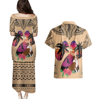 Polynesian Couples Matching Puletasi Dress and Hawaiian Shirt Dog Lover With Border Collie - Sunset At The Beach LT7 - Wonder Print Shop