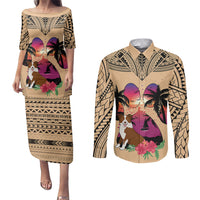 Polynesian Couples Matching Puletasi Dress and Long Sleeve Button Shirts Dog Lover With Border Collie - Sunset At The Beach LT7 - Wonder Print Shop