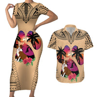 Polynesian Couples Matching Short Sleeve Bodycon Dress and Hawaiian Shirt Dog Lover With Border Collie - Sunset At The Beach LT7 - Wonder Print Shop