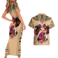 Polynesian Couples Matching Short Sleeve Bodycon Dress and Hawaiian Shirt Dog Lover With Border Collie - Sunset At The Beach LT7 - Wonder Print Shop