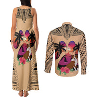 Polynesian Couples Matching Tank Maxi Dress and Long Sleeve Button Shirts Dog Lover With Border Collie - Sunset At The Beach LT7 - Wonder Print Shop