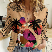 Polynesian Women Casual Shirt Dog Lover With Border Collie - Sunset At The Beach - Wonder Print Shop