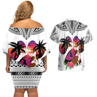 Polynesian Couples Matching Off Shoulder Short Dress and Hawaiian Shirt Dog Lover With Border Collie - Sunset At The Beach White Ver LT7 - Wonder Print Shop