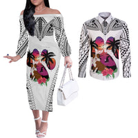 polynesian-couples-matching-off-the-shoulder-long-sleeve-dress-and-long-sleeve-button-shirts-dog-lover-with-border-collie-sunset-at-the-beach-white-ver