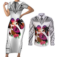 Polynesian Couples Matching Short Sleeve Bodycon Dress and Long Sleeve Button Shirts Dog Lover With Border Collie - Sunset At The Beach White Ver LT7 - Wonder Print Shop