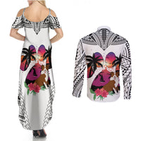 Polynesian Couples Matching Summer Maxi Dress and Long Sleeve Button Shirts Dog Lover With Border Collie - Sunset At The Beach White Ver LT7 - Wonder Print Shop