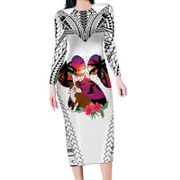 Polynesian Long Sleeve Bodycon Dress Dog Lover With Border Collie - Sunset At The Beach White Ver - Wonder Print Shop