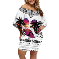 Polynesian Off Shoulder Short Dress Dog Lover With Border Collie - Sunset At The Beach White Ver - Wonder Print Shop