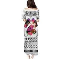 Polynesian Puletasi Dog Lover With Border Collie - Sunset At The Beach White Ver - Wonder Print Shop