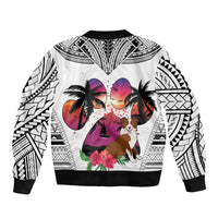 Polynesian Sleeve Zip Bomber Jacket Dog Lover With Border Collie - Sunset At The Beach White Ver - Wonder Print Shop