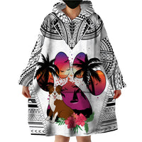Polynesian Wearable Blanket Hoodie Dog Lover With Border Collie - Sunset At The Beach White Ver - Wonder Print Shop