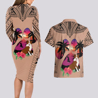 Polynesian Couples Matching Long Sleeve Bodycon Dress and Hawaiian Shirt Dog Lover With Border Collie - Sunset At The Beach Brown Ver LT7 - Wonder Print Shop