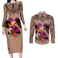 Polynesian Couples Matching Long Sleeve Bodycon Dress and Long Sleeve Button Shirts Dog Lover With Border Collie - Sunset At The Beach Brown Ver LT7 - Wonder Print Shop