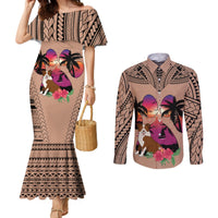 polynesian-couples-matching-mermaid-dress-and-long-sleeve-button-shirts-dog-lover-with-border-collie-sunset-at-the-beach-brown-ver