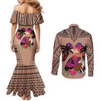 polynesian-couples-matching-mermaid-dress-and-long-sleeve-button-shirts-dog-lover-with-border-collie-sunset-at-the-beach-brown-ver