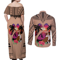 Polynesian Couples Matching Off Shoulder Maxi Dress and Long Sleeve Button Shirts Dog Lover With Border Collie - Sunset At The Beach Brown Ver LT7 - Wonder Print Shop