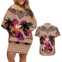 Polynesian Couples Matching Off Shoulder Short Dress and Hawaiian Shirt Dog Lover With Border Collie - Sunset At The Beach Brown Ver LT7 - Wonder Print Shop