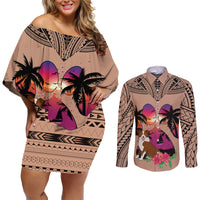 Polynesian Couples Matching Off Shoulder Short Dress and Long Sleeve Button Shirts Dog Lover With Border Collie - Sunset At The Beach Brown Ver LT7 - Wonder Print Shop