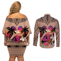 Polynesian Couples Matching Off Shoulder Short Dress and Long Sleeve Button Shirts Dog Lover With Border Collie - Sunset At The Beach Brown Ver LT7 - Wonder Print Shop