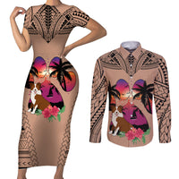 Polynesian Couples Matching Short Sleeve Bodycon Dress and Long Sleeve Button Shirts Dog Lover With Border Collie - Sunset At The Beach Brown Ver LT7 - Wonder Print Shop