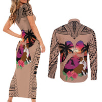 Polynesian Couples Matching Short Sleeve Bodycon Dress and Long Sleeve Button Shirts Dog Lover With Border Collie - Sunset At The Beach Brown Ver LT7 - Wonder Print Shop