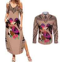 Polynesian Couples Matching Summer Maxi Dress and Long Sleeve Button Shirts Dog Lover With Border Collie - Sunset At The Beach Brown Ver LT7 - Wonder Print Shop