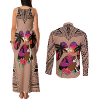 Polynesian Couples Matching Tank Maxi Dress and Long Sleeve Button Shirts Dog Lover With Border Collie - Sunset At The Beach Brown Ver LT7 - Wonder Print Shop