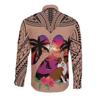 Polynesian Long Sleeve Button Shirt Dog Lover With Border Collie - Sunset At The Beach Brown Ver - Wonder Print Shop