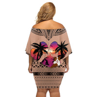 Polynesian Off Shoulder Short Dress Dog Lover With Border Collie - Sunset At The Beach Brown Ver - Wonder Print Shop