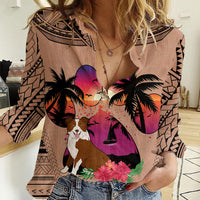 Polynesian Women Casual Shirt Dog Lover With Border Collie - Sunset At The Beach Brown Ver - Wonder Print Shop