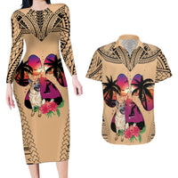 Polynesian Couples Matching Long Sleeve Bodycon Dress and Hawaiian Shirt Dog Lover With German Shepherd - Sunset At The Beach LT7 - Wonder Print Shop