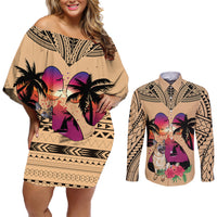 Polynesian Couples Matching Off Shoulder Short Dress and Long Sleeve Button Shirts Dog Lover With German Shepherd - Sunset At The Beach LT7 - Wonder Print Shop